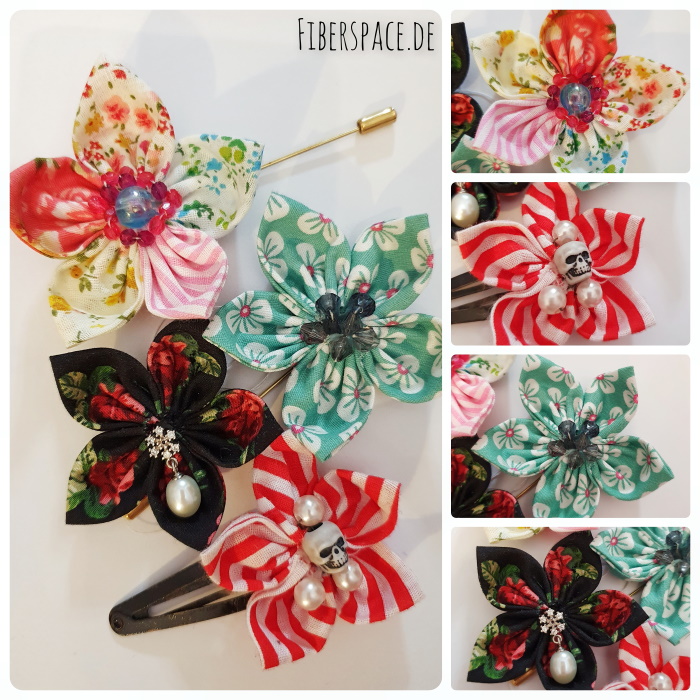 Collage aus Broschen und Haarspangen mit genähten Stoffblüten